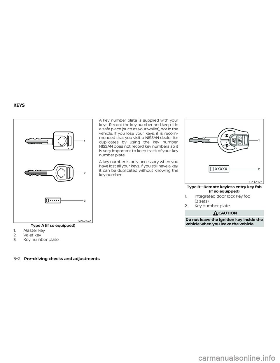 NISSAN VERSA 2018  Owners Manual 1. Master key
2. Valet key
3. Key number plate
A key number plate is supplied with your
keys. Record the key number and keep it in
a safe place (such as your wallet), not in the
vehicle. If you lose y