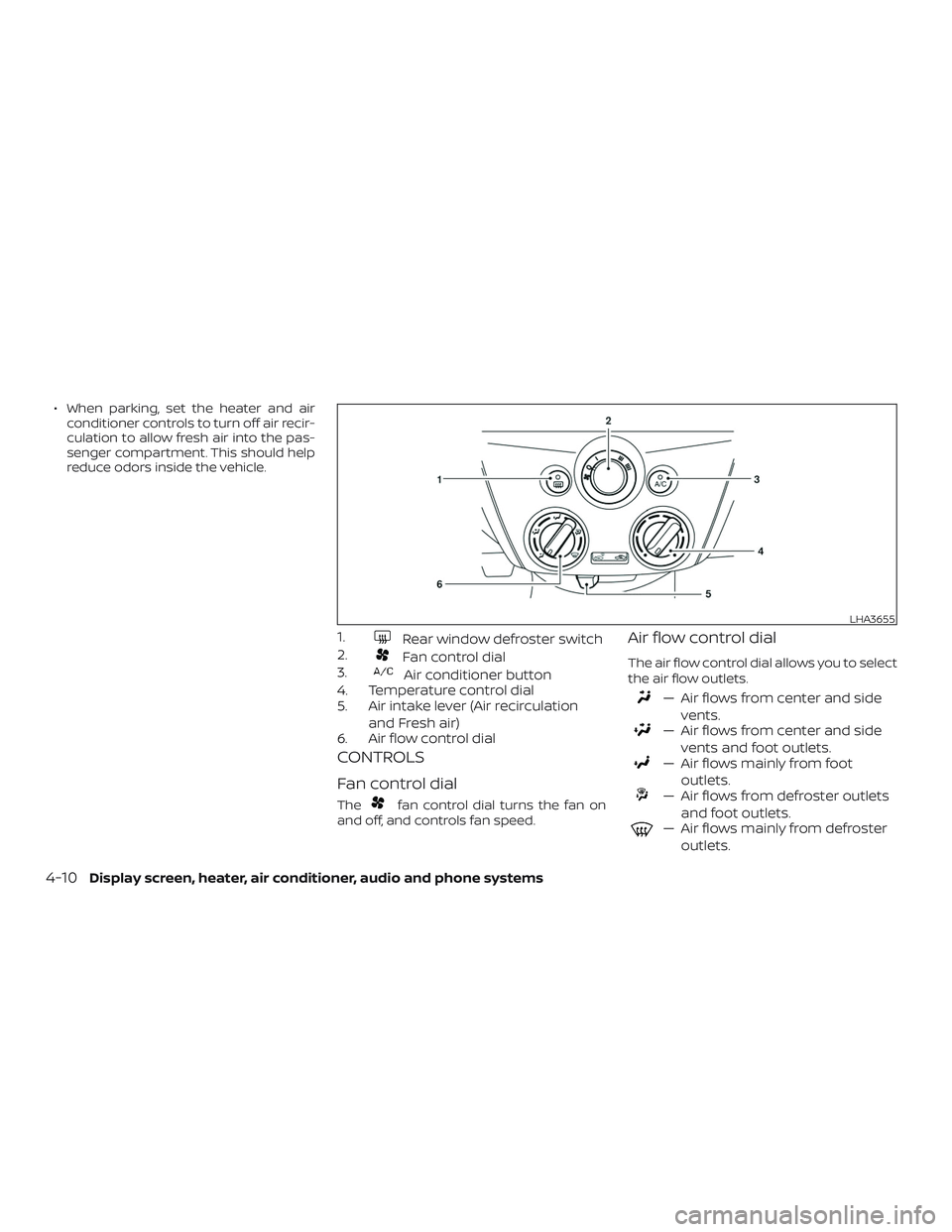 NISSAN VERSA 2018  Owners Manual ∙ When parking, set the heater and air
conditioner controls to turn off air recir-
culation to allow fresh air into the pas-
senger compartment. This should help
reduce odors inside the vehicle.
1.R