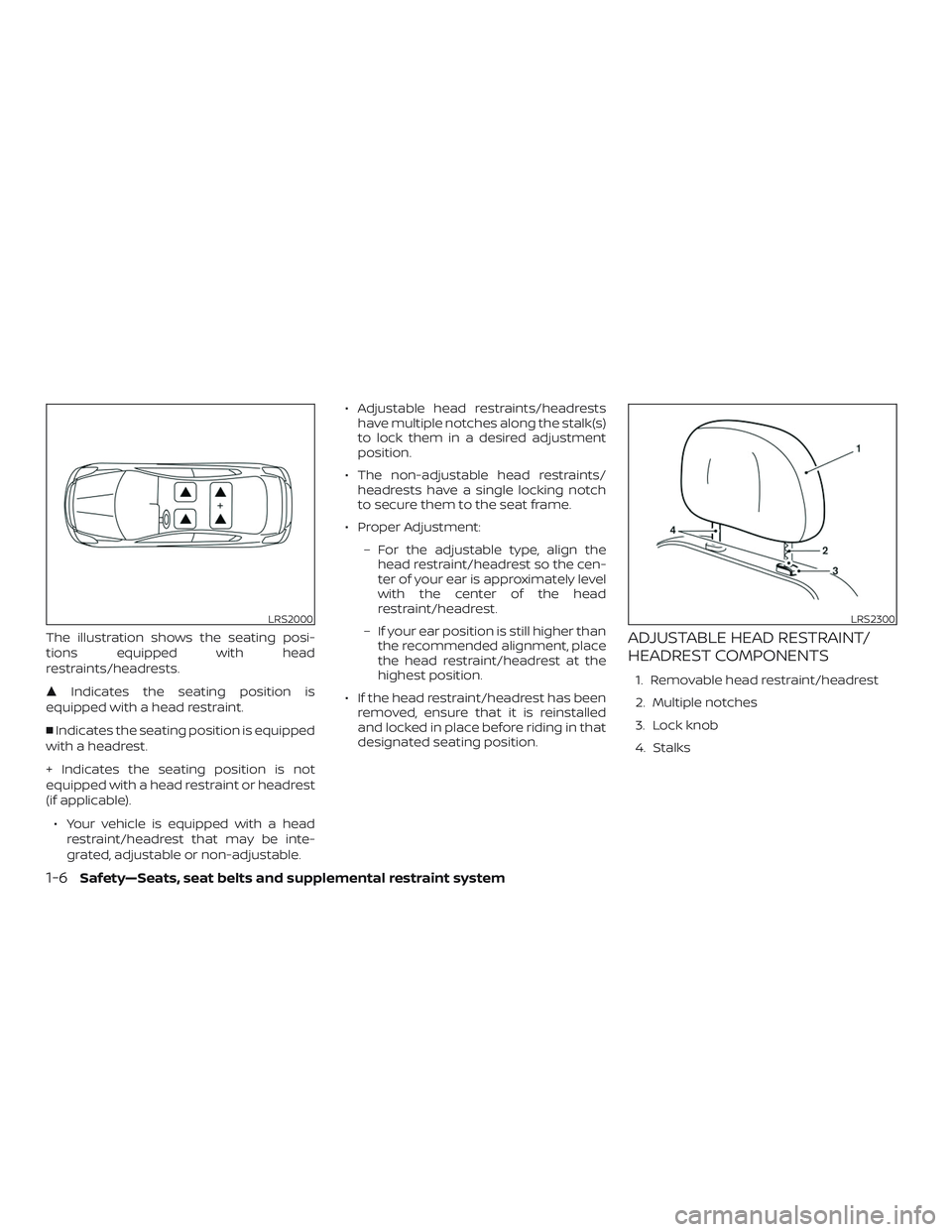 NISSAN VERSA 2018 Owners Manual The illustration shows the seating posi-
tions equipped with head
restraints/headrests.
Indicates the seating position is
equipped with a head restraint.
Indicates the seating position is equipped
w
