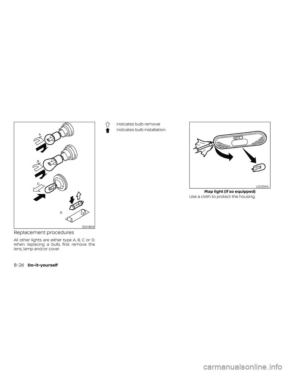NISSAN VERSA 2018  Owners Manual Replacement procedures
All other lights are either type A, B, C or D.
When replacing a bulb, first remove the
lens, lamp and/or cover.
Indicates bulb removal
Indicates bulb installation
Use a cloth to