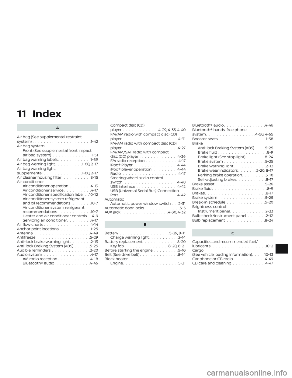 NISSAN VERSA 2018  Owners Manual 11 Index
A
Air bag (See supplemental restraint
system).....................1-42
Air bag system
Front (See supplemental front impact
airbagsystem)..............1-51
Air bag warning labels............1-
