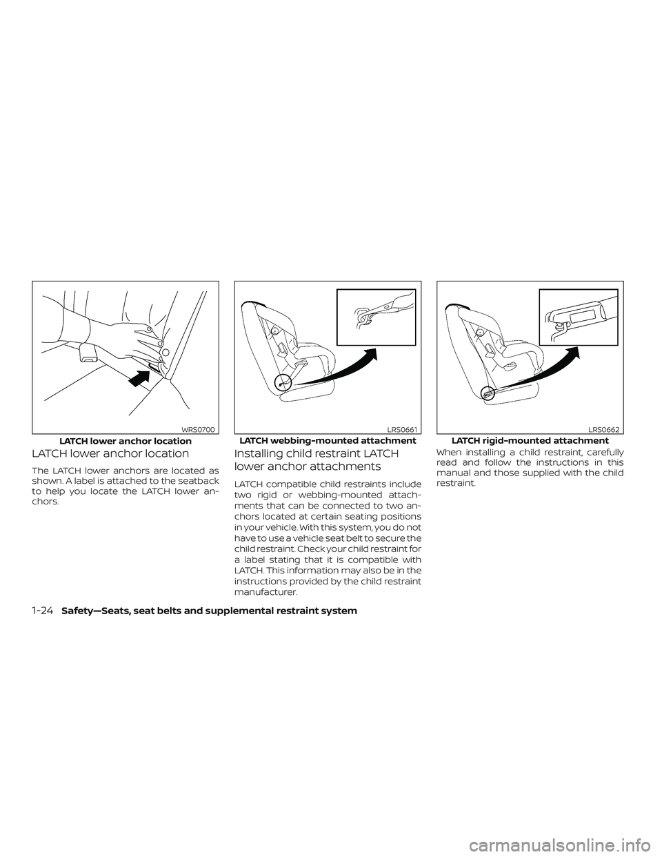 NISSAN VERSA 2018 Service Manual LATCH lower anchor location
The LATCH lower anchors are located as
shown. A label is attached to the seatback
to help you locate the LATCH lower an-
chors.
Installing child restraint LATCH
lower ancho