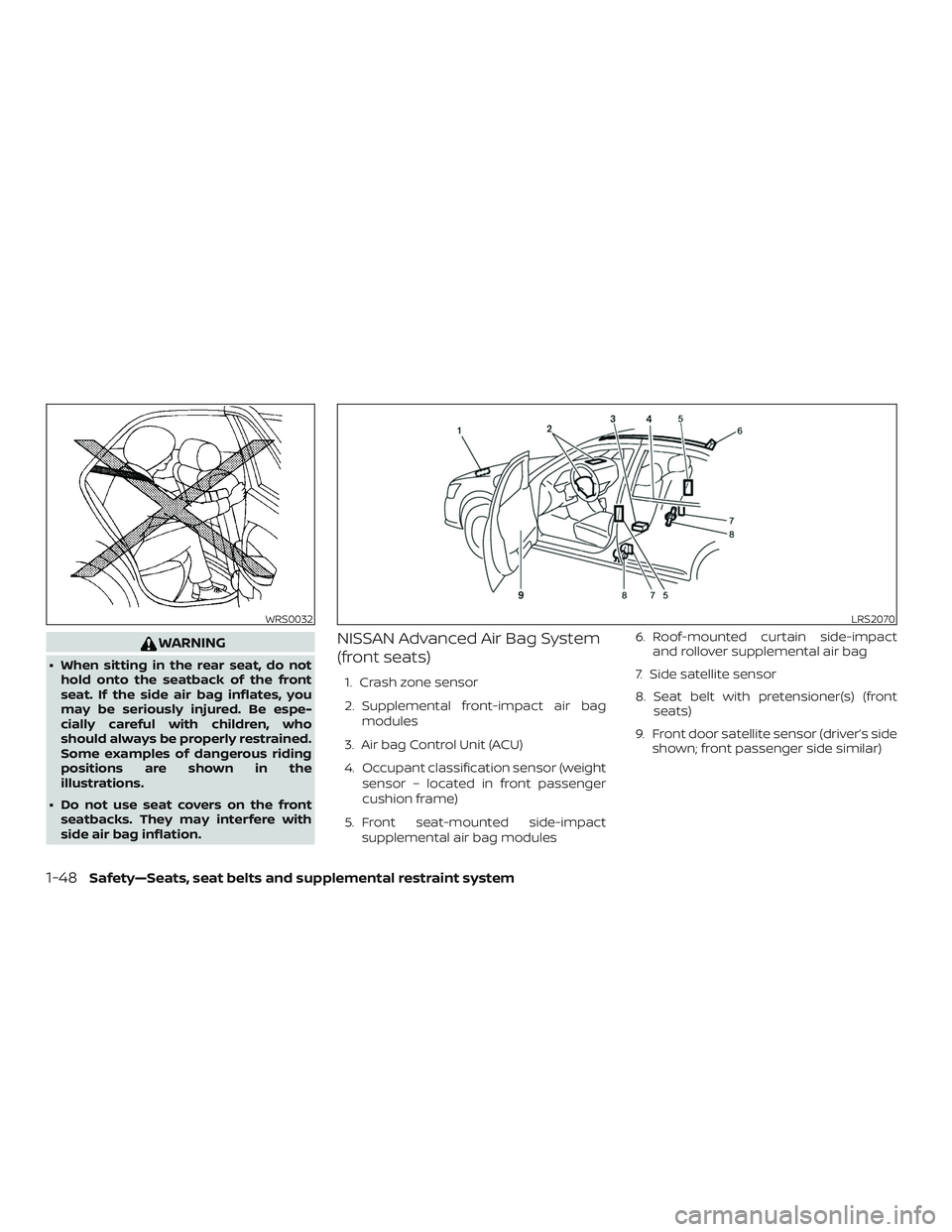 NISSAN VERSA 2018 Repair Manual WARNING
∙ When sitting in the rear seat, do not
hold onto the seatback of the front
seat. If the side air bag inflates, you
may be seriously injured. Be espe-
cially careful with children, who
shoul NISSAN VERSA 2018 Repair Manual WARNING
∙ When sitting in the rear seat, do not
hold onto the seatback of the front
seat. If the side air bag inflates, you
may be seriously injured. Be espe-
cially careful with children, who
shoul