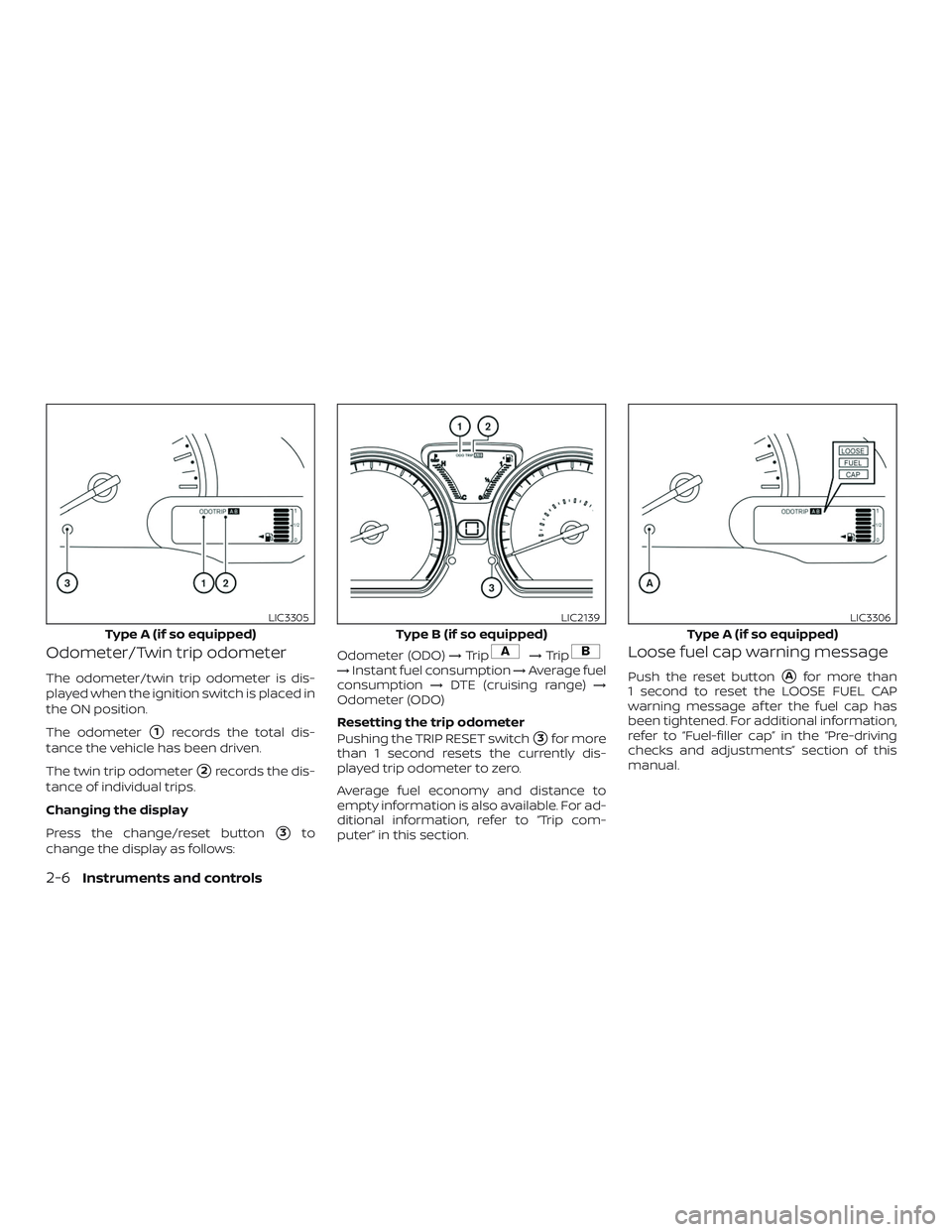 NISSAN VERSA 2018 Manual Online Odometer/Twin trip odometer
The odometer/twin trip odometer is dis-
played when the ignition switch is placed in
the ON position.
The odometer
1records the total dis-
tance the vehicle has been drive