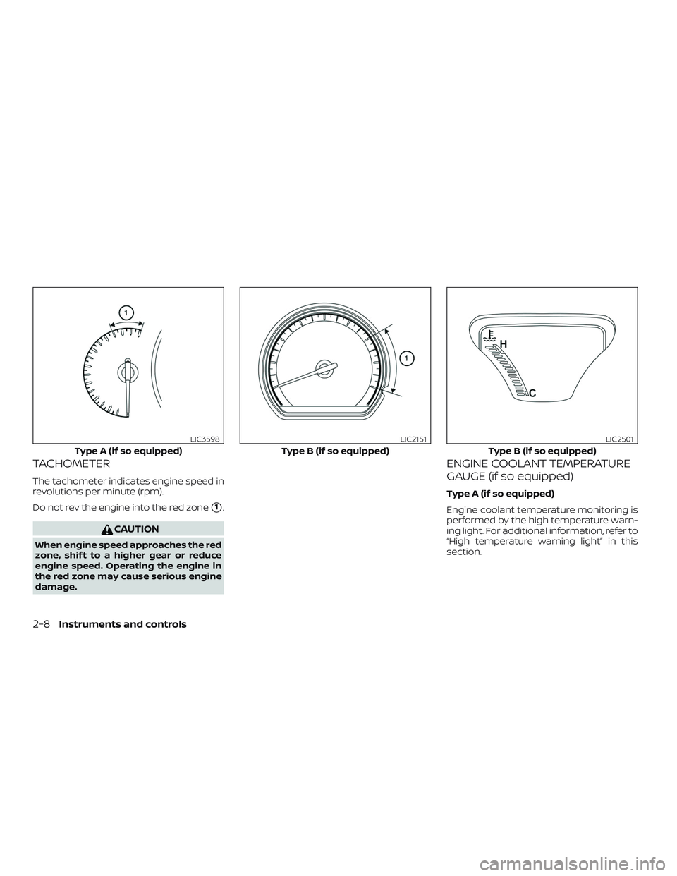 NISSAN VERSA 2018 Manual Online TACHOMETER
The tachometer indicates engine speed in
revolutions per minute (rpm).
Do not rev the engine into the red zone
1.
CAUTION
When engine speed approaches the red
zone, shif t to a higher gear