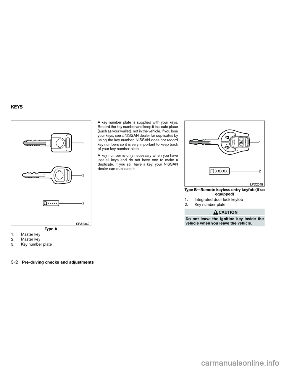 NISSAN VERSA 2013  Owners Manual 1. Master key
2. Master key
3. Key number plate
A key number plate is supplied with your keys.
Record the key number and keep it in a safe place
(such as your wallet) , not in the vehicle. If you lose