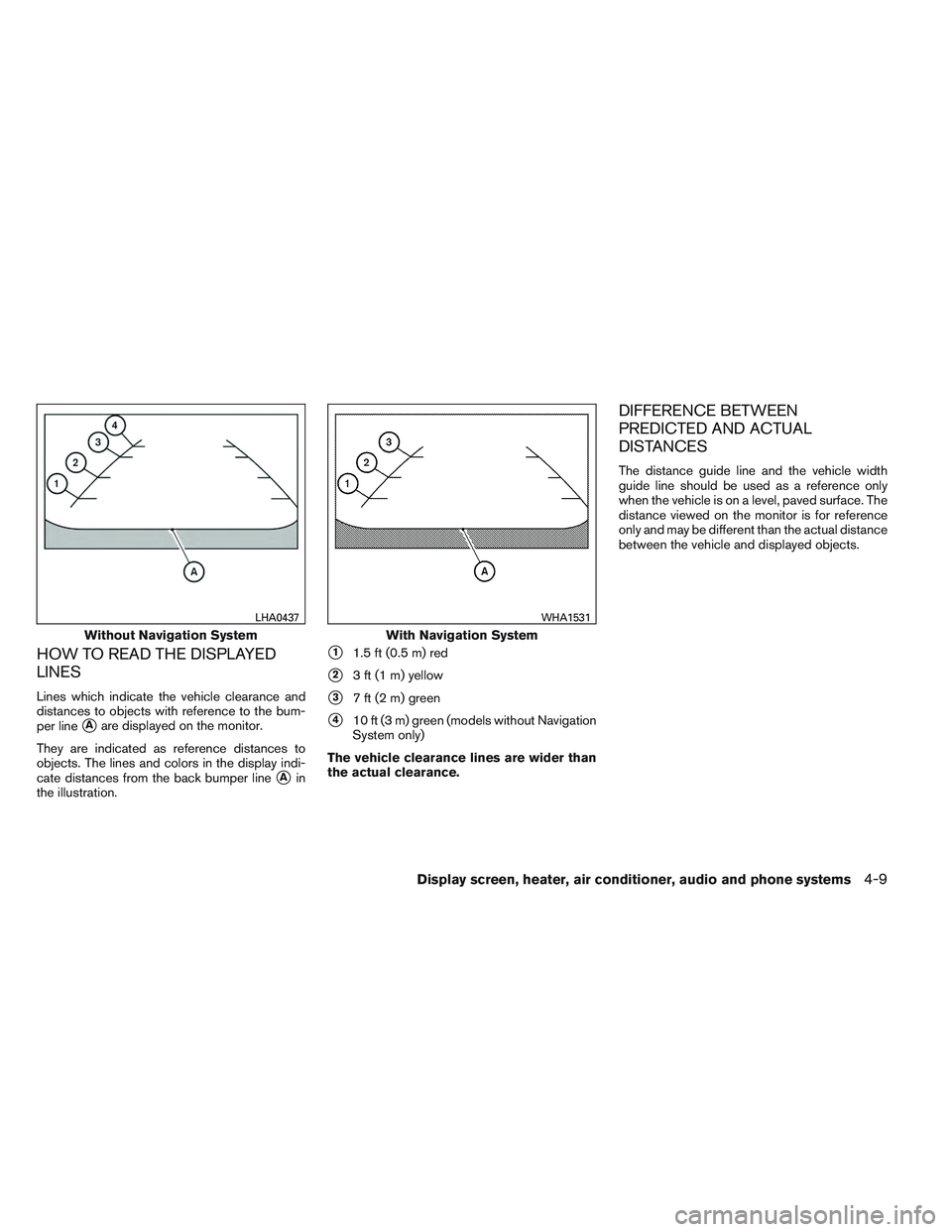 NISSAN VERSA 2013  Owners Manual HOW TO READ THE DISPLAYED
LINES
Lines which indicate the vehicle clearance and
distances to objects with reference to the bum-
per line
Aare displayed on the monitor.
They are indicated as reference 
