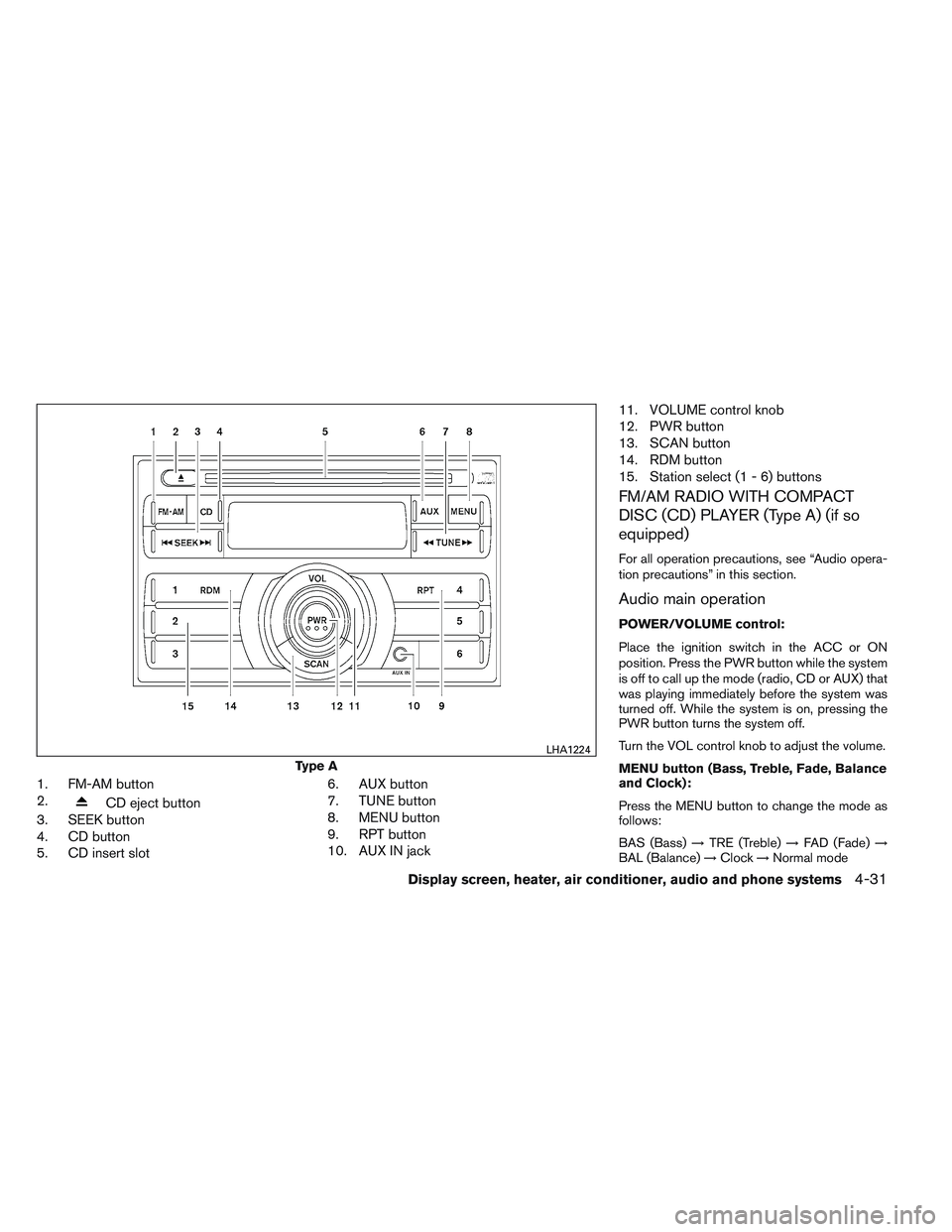 NISSAN VERSA 2013  Owners Manual 1. FM-AM button
2.
CD eject button
3. SEEK button
4. CD button
5. CD insert slot 6. AUX button
7. TUNE button
8. MENU button
9. RPT button
10. AUX IN jack11. VOLUME control knob
12. PWR button
13. SCA