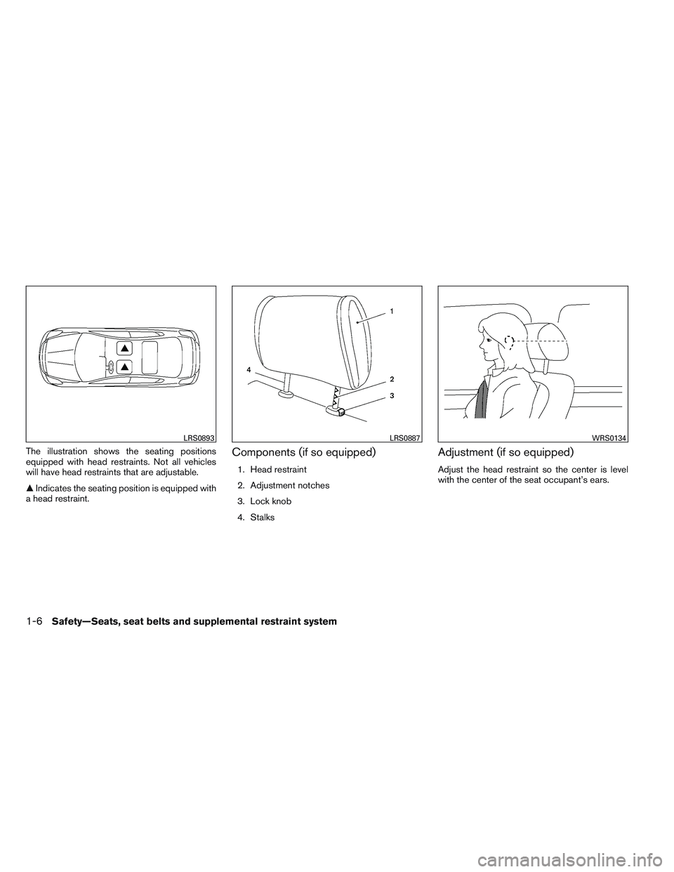 NISSAN VERSA 2013 Owners Manual The illustration shows the seating positions
equipped with head restraints. Not all vehicles
will have head restraints that are adjustable.
Indicates the seating position is equipped with
a head rest