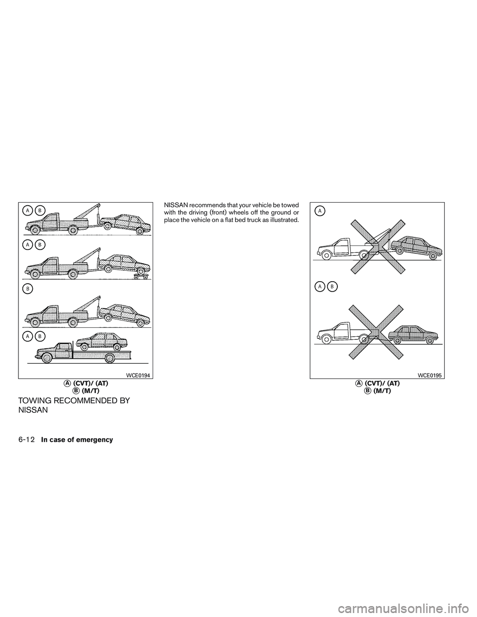 NISSAN VERSA 2013  Owners Manual TOWING RECOMMENDED BY
NISSAN
NISSAN recommends that your vehicle be towed
with the driving (front) wheels off the ground or
place the vehicle on a flat bed truck as illustrated.
A(CVT)/ (AT)
B(M/T)
