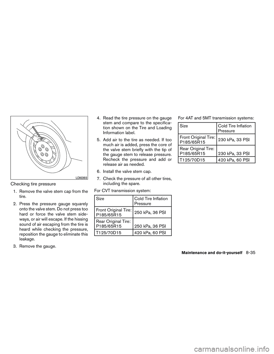 NISSAN VERSA 2013  Owners Manual Checking tire pressure
1. Remove the valve stem cap from thetire.
2. Press the pressure gauge squarely onto the valve stem. Do not press too
hard or force the valve stem side-
ways, or air will escape