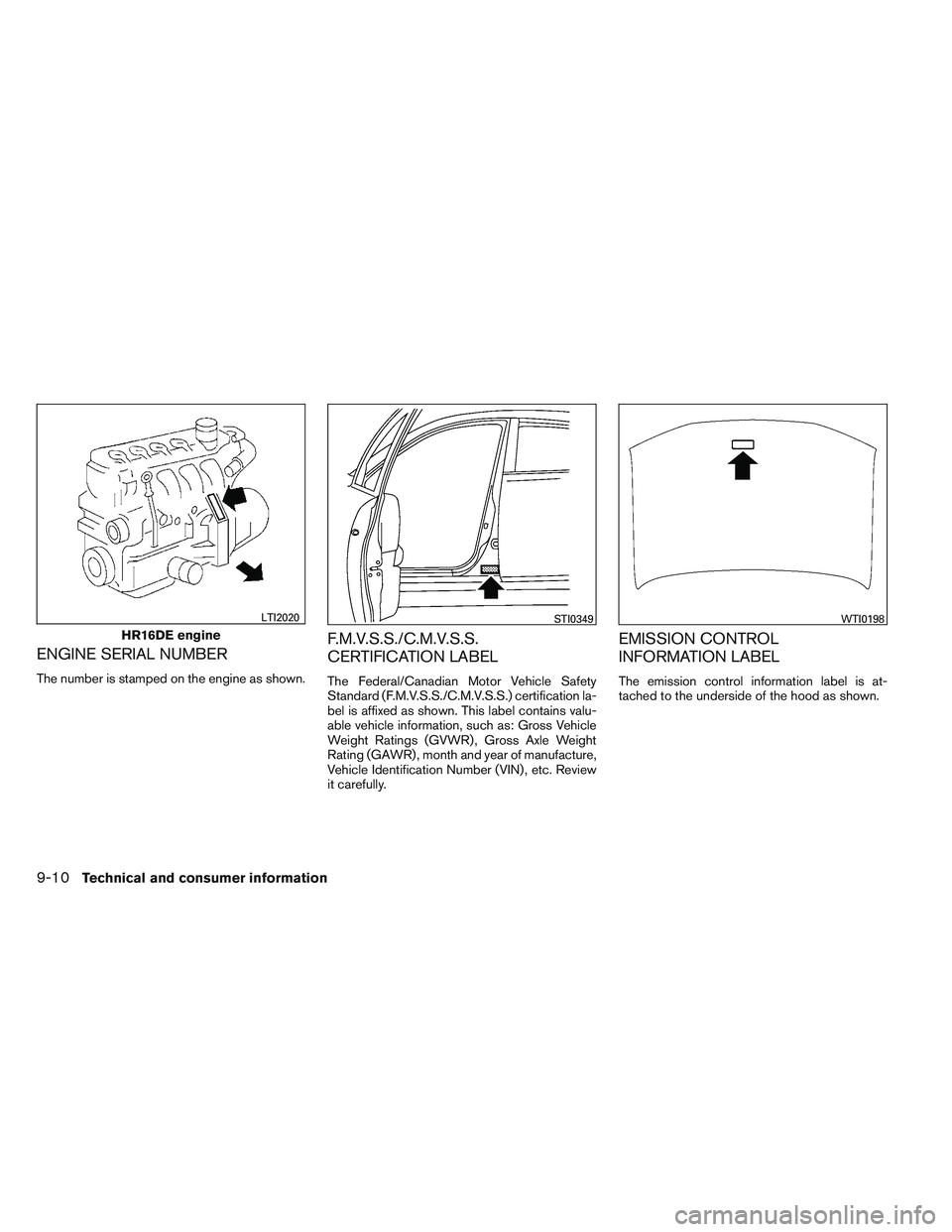 NISSAN VERSA 2013 Owners Manual ENGINE SERIAL NUMBER
The number is stamped on the engine as shown.
F.M.V.S.S./C.M.V.S.S.
CERTIFICATION LABEL
The Federal/Canadian Motor Vehicle Safety
Standard (F.M.V.S.S./C.M.V.S.S.) certification la NISSAN VERSA 2013 Owners Manual ENGINE SERIAL NUMBER
The number is stamped on the engine as shown.
F.M.V.S.S./C.M.V.S.S.
CERTIFICATION LABEL
The Federal/Canadian Motor Vehicle Safety
Standard (F.M.V.S.S./C.M.V.S.S.) certification la