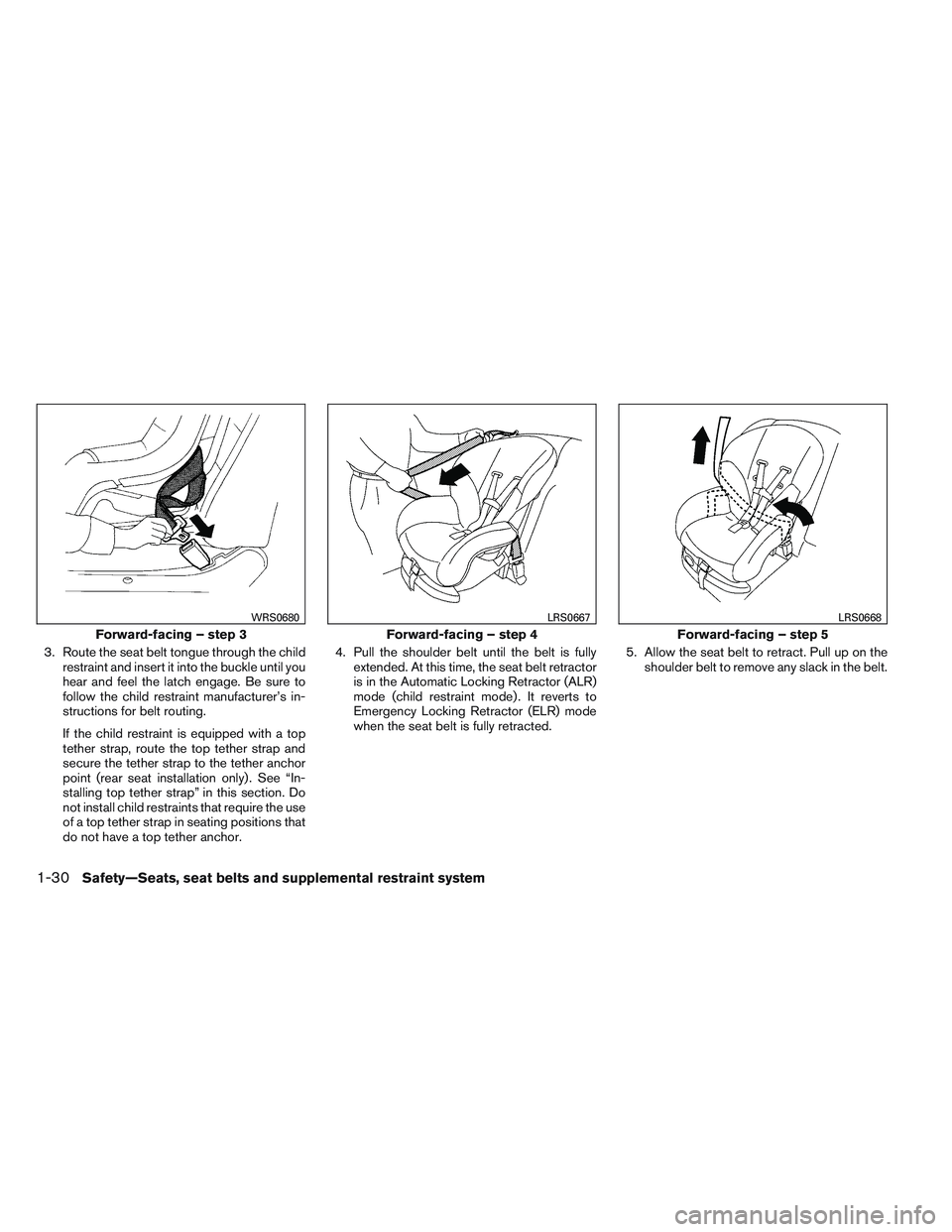 NISSAN VERSA 2013 Service Manual 3. Route the seat belt tongue through the childrestraint and insert it into the buckle until you
hear and feel the latch engage. Be sure to
follow the child restraint manufacturer’s in-
structions f NISSAN VERSA 2013 Service Manual 3. Route the seat belt tongue through the childrestraint and insert it into the buckle until you
hear and feel the latch engage. Be sure to
follow the child restraint manufacturer’s in-
structions f