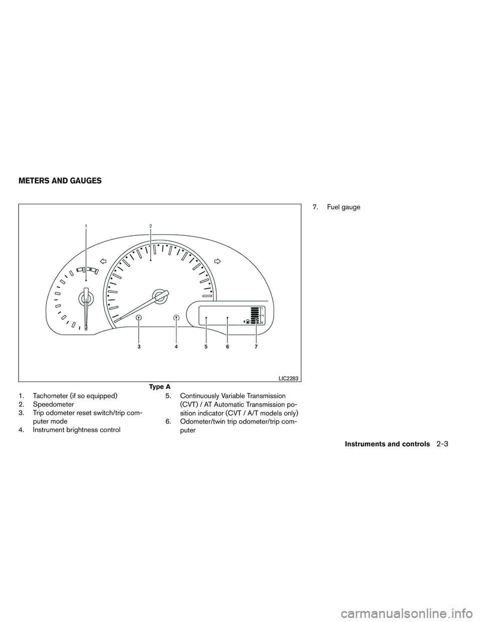 NISSAN VERSA 2013  Owners Manual 1. Tachometer (if so equipped)
2. Speedometer
3. Trip odometer reset switch/trip com-puter mode
4. Instrument brightness control 5. Continuously Variable Transmission
(CVT) / AT Automatic Transmission