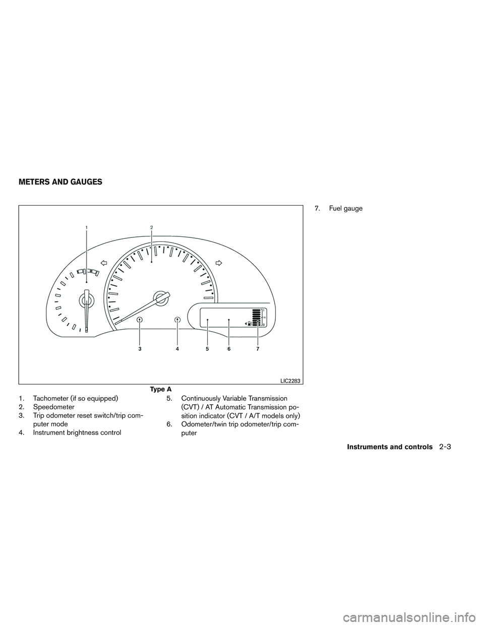 NISSAN VERSA 2013 Manual PDF 1. Tachometer (if so equipped)
2. Speedometer
3. Trip odometer reset switch/trip com-puter mode
4. Instrument brightness control 5. Continuously Variable Transmission
(CVT) / AT Automatic Transmission