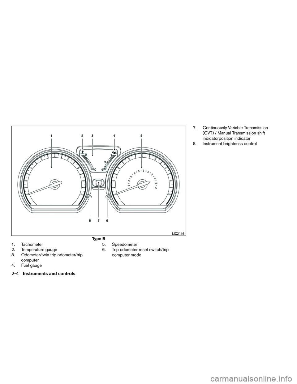 NISSAN VERSA 2013  Owners Manual 1. Tachometer
2. Temperature gauge
3. Odometer/twin trip odometer/tripcomputer
4. Fuel gauge 5. Speedometer
6. Trip odometer reset switch/trip
computer mode 7. Continuously Variable Transmission
(CVT)