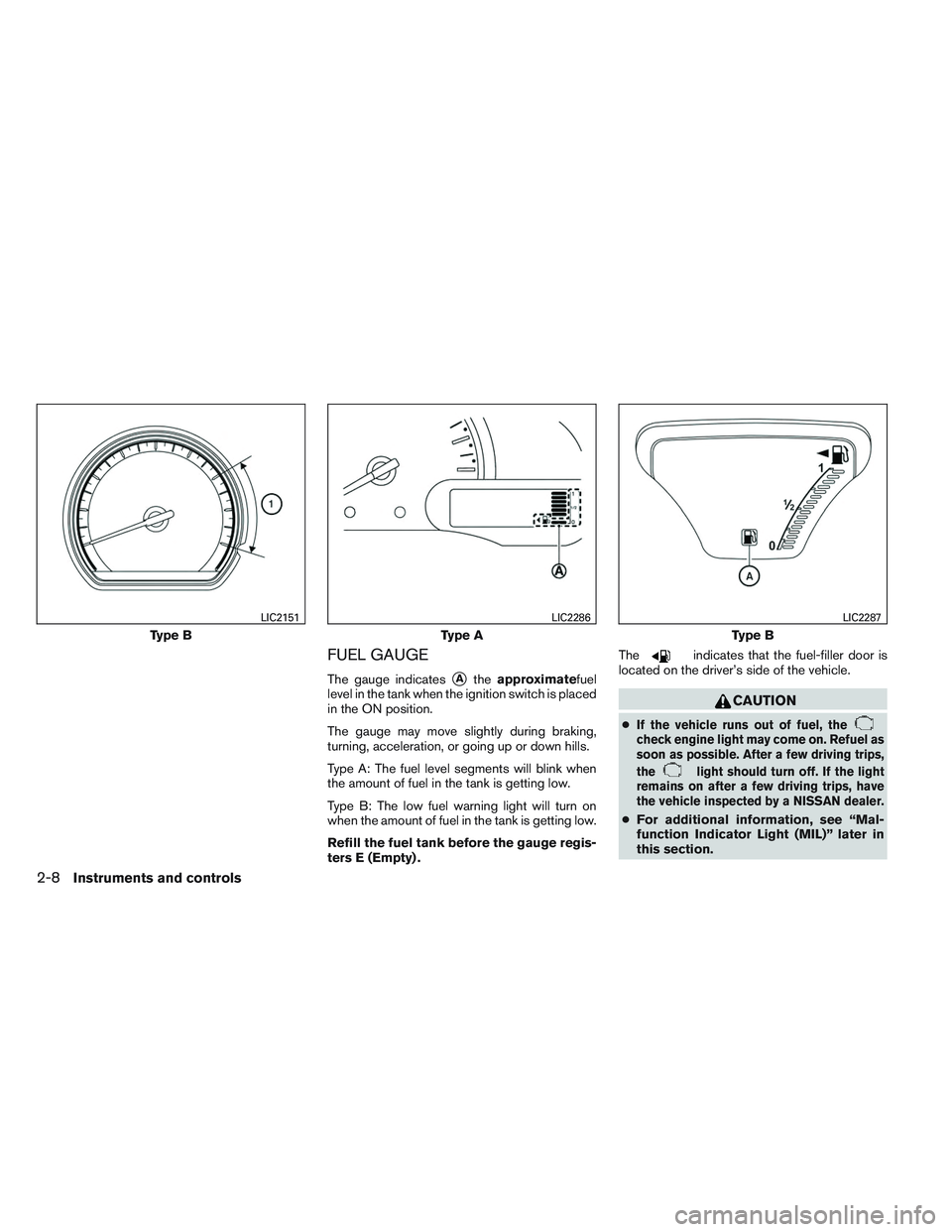 NISSAN VERSA 2013 Manual PDF FUEL GAUGE
The gauge indicatesAtheapproximatefuel
level in the tank when the ignition switch is placed
in the ON position.
The gauge may move slightly during braking,
turning, acceleration, or going 