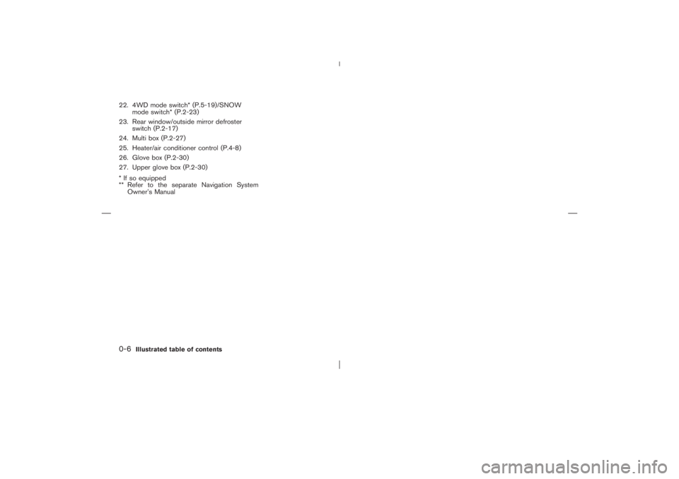 NISSAN X-TRAIL 2006  Owners Manual 22. 4WD mode switch* (P.5-19)/SNOW
mode switch* (P.2-23)
23. Rear window/outside mirror defroster
switch (P.2-17)
24. Multi box (P.2-27)
25. Heater/air conditioner control (P.4-8)
26. Glove box (P.2-3