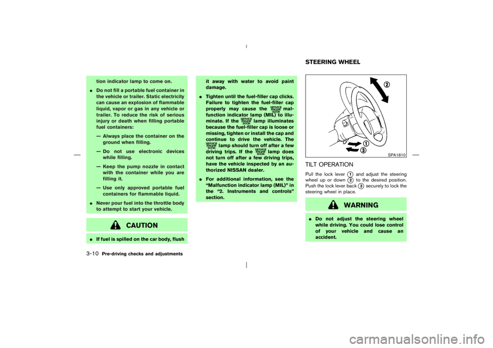 NISSAN X-TRAIL 2006  Owners Manual tion indicator lamp to come on.
Do not fill a portable fuel container in
the vehicle or trailer. Static electricity
can cause an explosion of flammable
liquid, vapor or gas in any vehicle or
trailer.