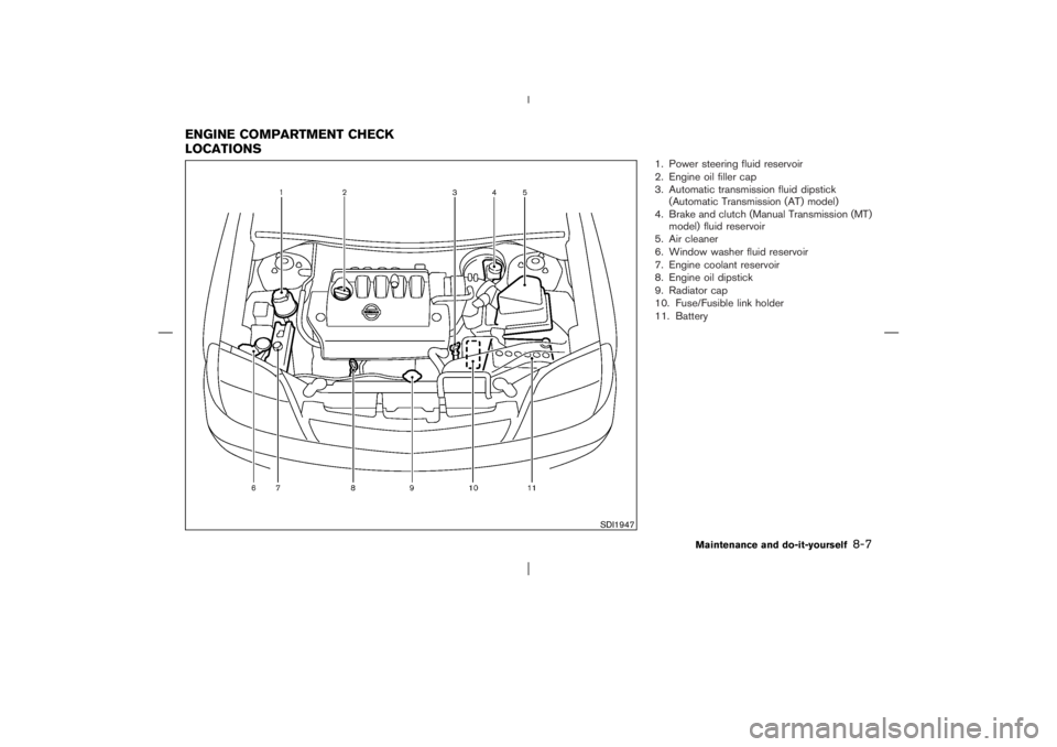 NISSAN X-TRAIL 2006  Owners Manual 1. Power steering fluid reservoir
2. Engine oil filler cap
3. Automatic transmission fluid dipstick
(Automatic Transmission (AT) model)
4. Brake and clutch (Manual Transmission (MT)
model) fluid reser