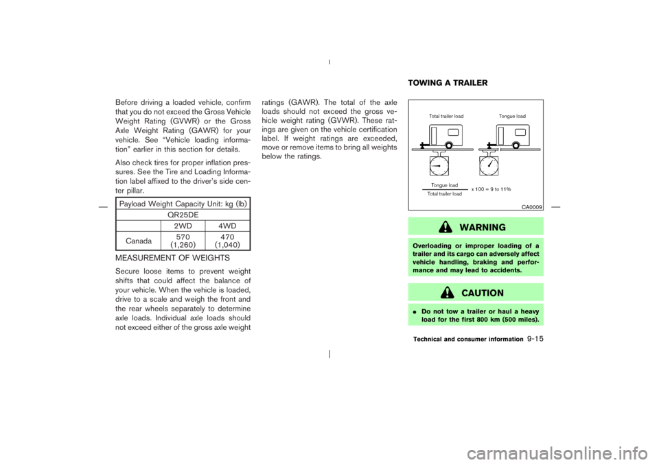 NISSAN X-TRAIL 2006  Owners Manual Before driving a loaded vehicle, confirm
that you do not exceed the Gross Vehicle
Weight Rating (GVWR) or the Gross
Axle Weight Rating (GAWR) for your
vehicle. See “Vehicle loading informa-
tion” 