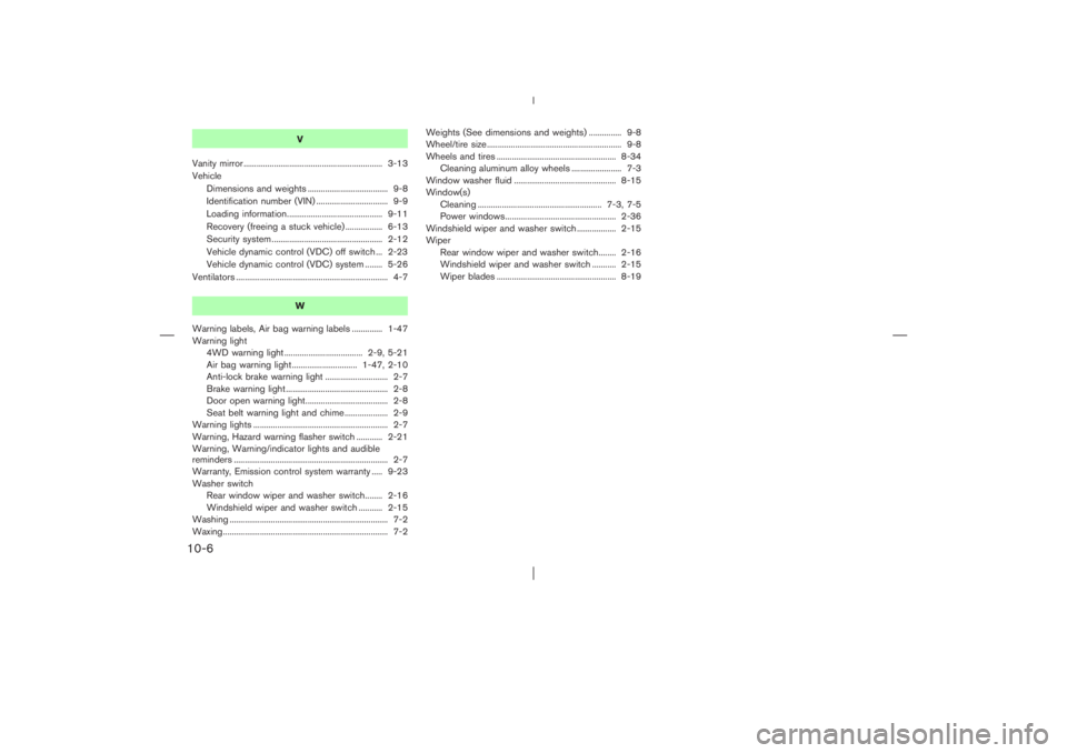 NISSAN X-TRAIL 2006  Owners Manual V
Vanity mirror ................................................................ 3-13
Vehicle
Dimensions and weights ..................................... 9-8
Identification number (VIN) .............