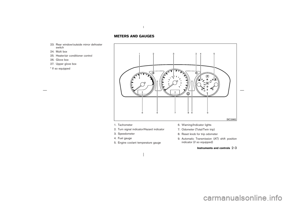 NISSAN X-TRAIL 2006  Owners Manual 23. Rear window/outside mirror defroster
switch
24. Multi box
25. Heater/air conditioner control
26. Glove box
27. Upper glove box
* If so equipped
1. Tachometer
2. Turn signal indicator/Hazard indica