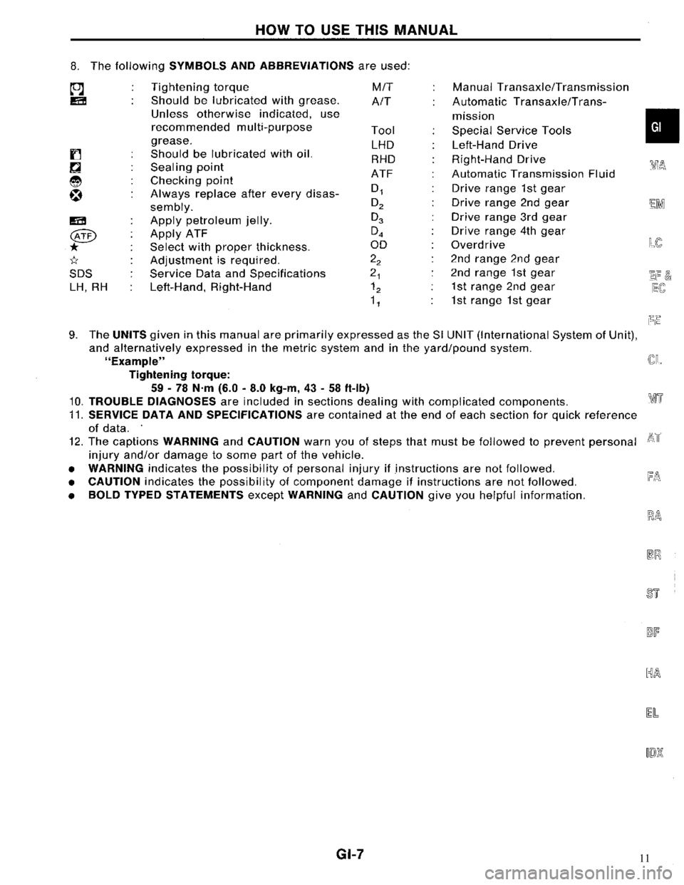 NISSAN MAXIMA 1994 A32 / 4.G General Information Workshop Manual 11 
