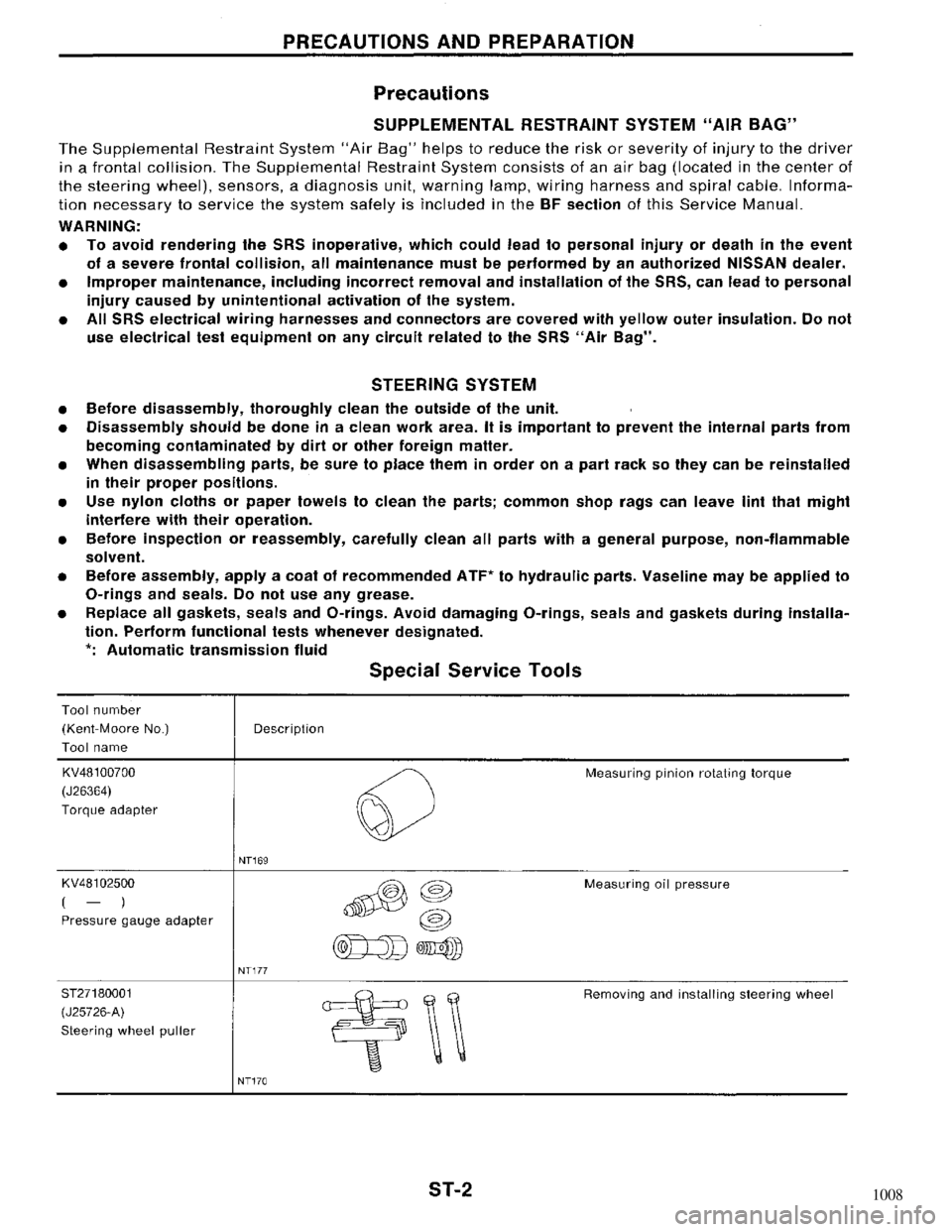 NISSAN MAXIMA 1994 A32 / 4.G Steering System Workshop Manual 1008 