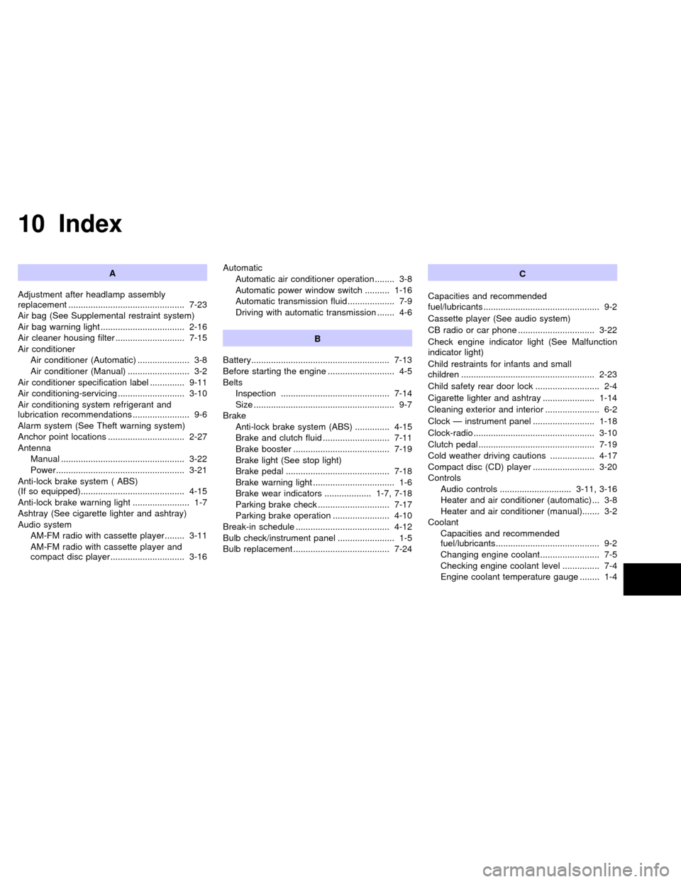 NISSAN ALTIMA 1996 U13 / 1.G Owners Manual 10 Index
A
Adjustment after headlamp assembly
replacement ............................................... 7-23
Air bag (See Supplemental restraint system)
Air bag warning light .......................