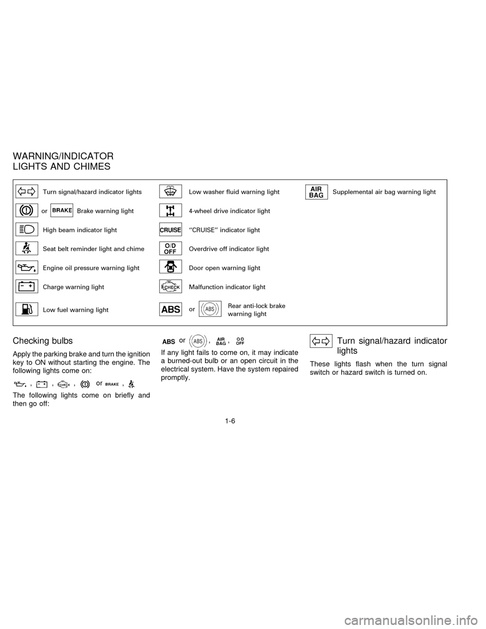NISSAN FRONTIER 1996 D22 / 1.G Owners Manual Turn signal/hazard indicator lightsLow washer fluid warning lightSupplemental air bag warning light
orBrake warning light4-wheel drive indicator light
High beam indicator light``CRUISE indicator lig
