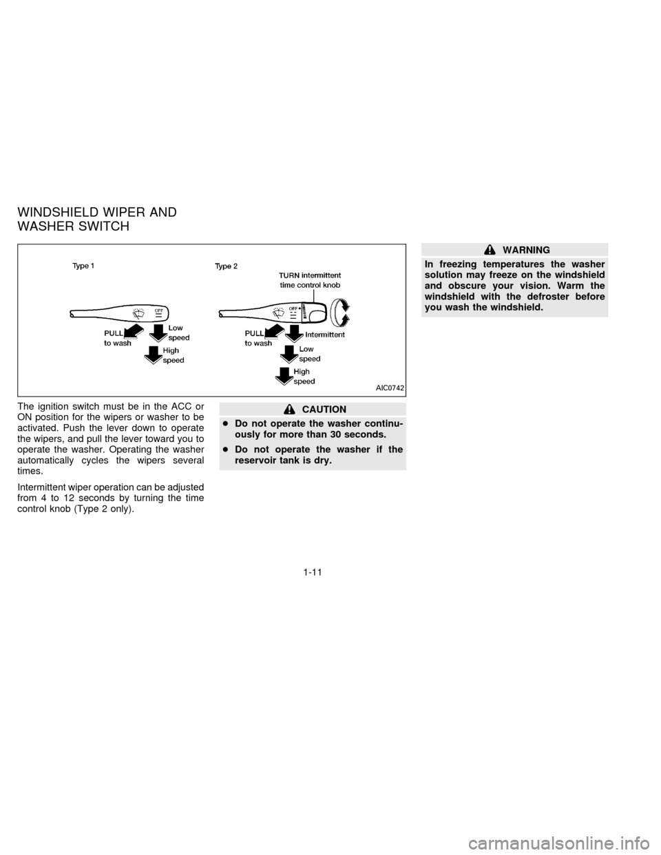 NISSAN FRONTIER 1996 D22 / 1.G User Guide The ignition switch must be in the ACC or
ON position for the wipers or washer to be
activated. Push the lever down to operate
the wipers, and pull the lever toward you to
operate the washer. Operatin