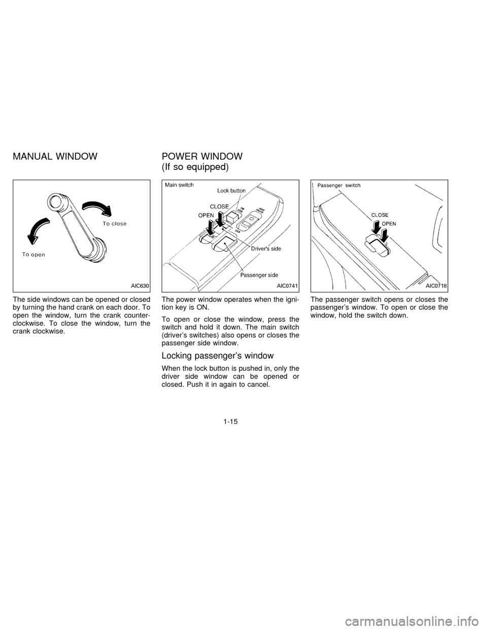 NISSAN FRONTIER 1996 D22 / 1.G User Guide The side windows can be opened or closed
by turning the hand crank on each door. To
open the window, turn the crank counter-
clockwise. To close the window, turn the
crank clockwise.The power window o