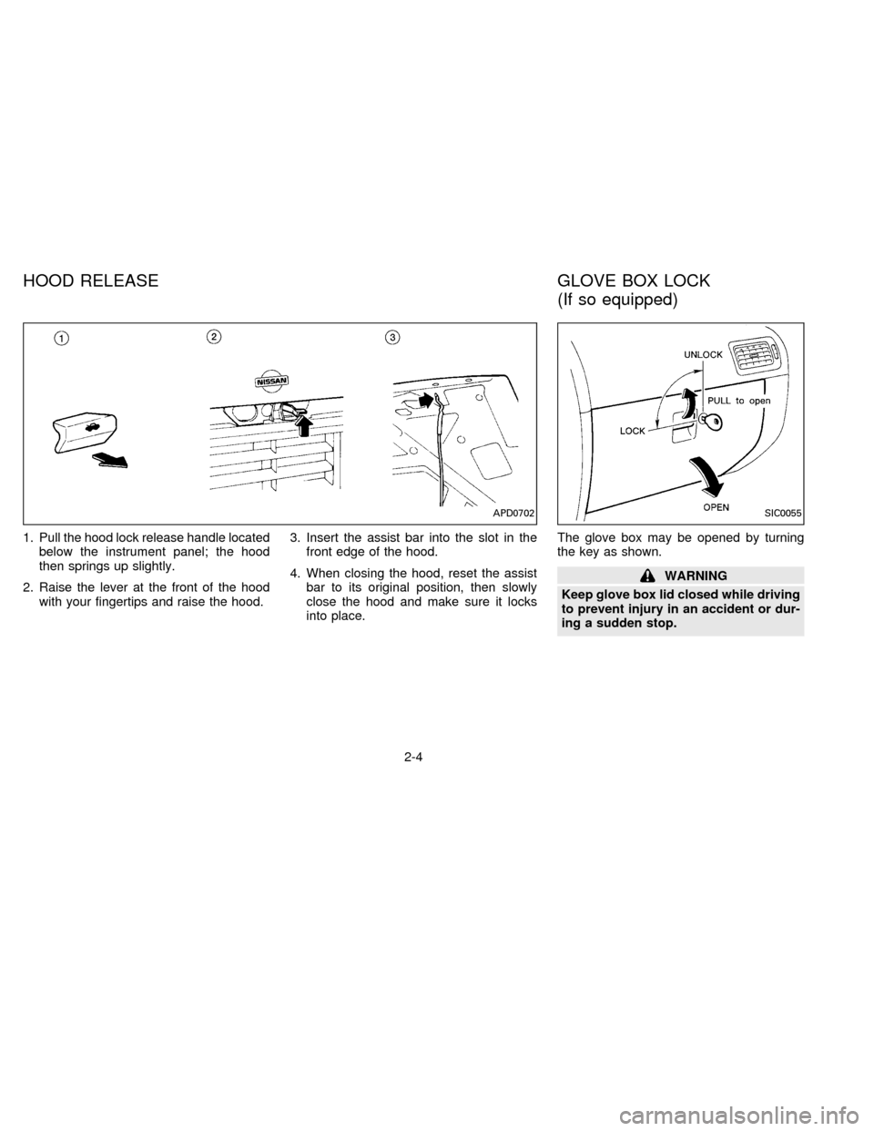 NISSAN FRONTIER 1996 D22 / 1.G Owners Manual 1. Pull the hood lock release handle located
below the instrument panel; the hood
then springs up slightly.
2. Raise the lever at the front of the hood
with your fingertips and raise the hood.3. Inser