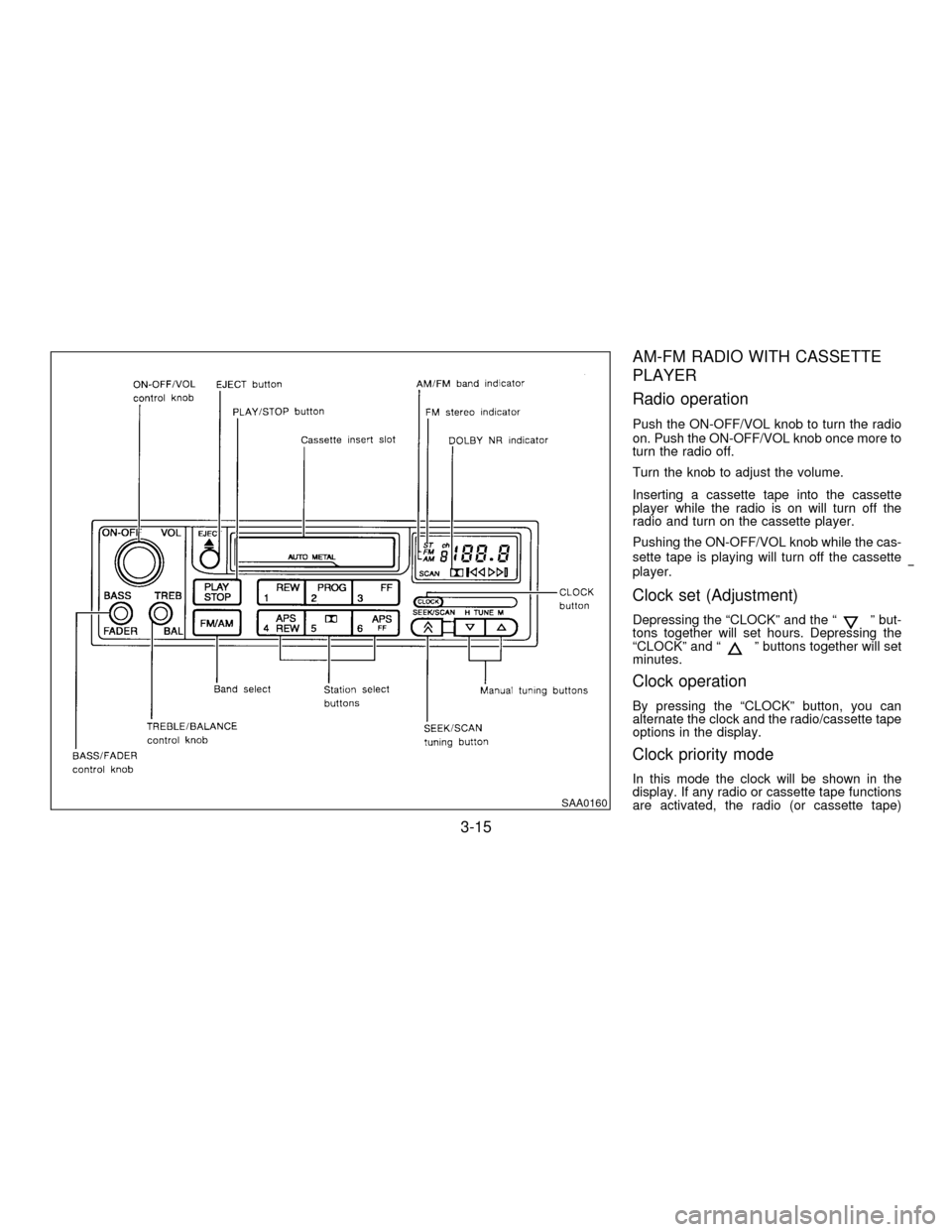 NISSAN PATHFINDER 1996 R50 / 2.G Owners Manual AM-FM RADIO WITH CASSETTE
PLAYER
Radio operation
Push the ON-OFF/VOL knob to turn the radio
on. Push the ON-OFF/VOL knob once more to
turn the radio off.
Turn the knob to adjust the volume.
Inserting 