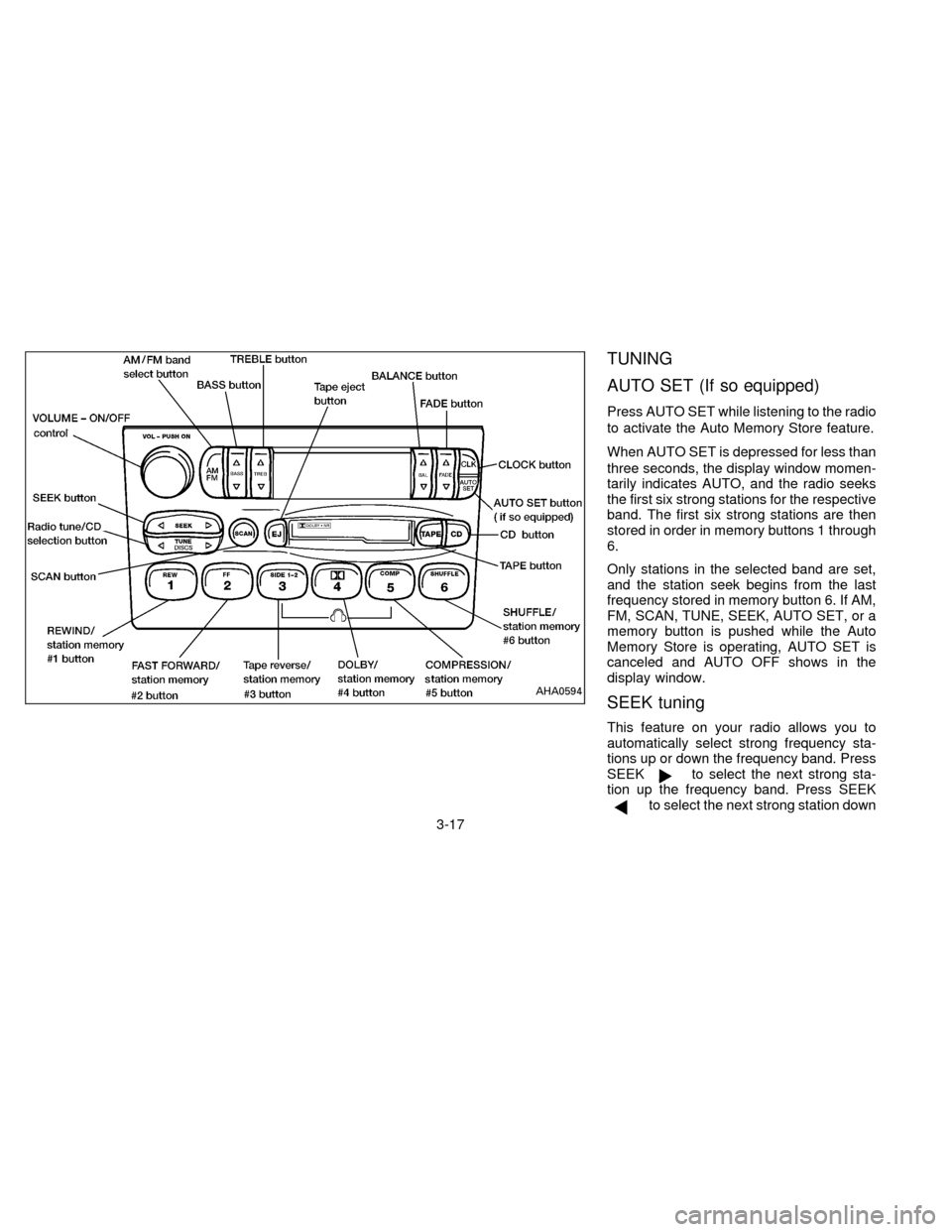 NISSAN QUEST 1996 V40 / 1.G Owners Manual TUNING
AUTO SET (If so equipped)
Press AUTO SET while listening to the radio
to activate the Auto Memory Store feature.
When AUTO SET is depressed for less than
three seconds, the display window momen