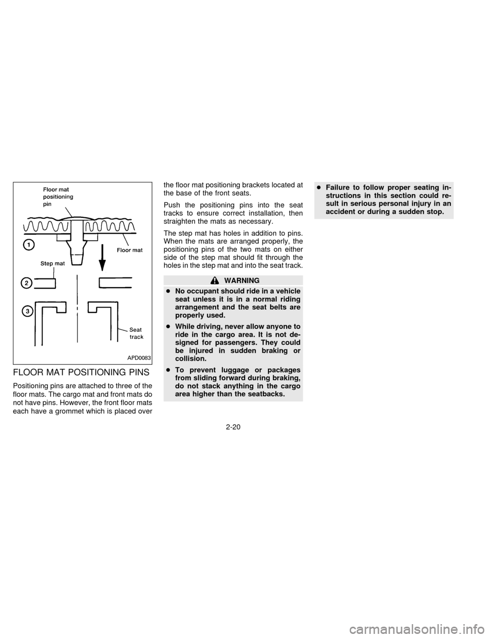 NISSAN QUEST 1996 V40 / 1.G Service Manual FLOOR MAT POSITIONING PINS
Positioning pins are attached to three of the
floor mats. The cargo mat and front mats do
not have pins. However, the front floor mats
each have a grommet which is placed ov