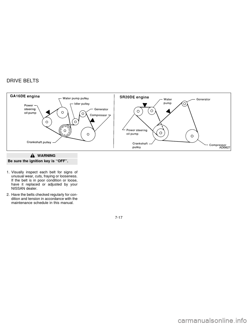 NISSAN SENTRA 1996 B14 / 4.G User Guide WARNING
Be sure the ignition key is ``OFF.
1. Visually inspect each belt for signs of
unusual wear, cuts, fraying or looseness.
If the belt is in poor condition or loose,
have it replaced or adjuste