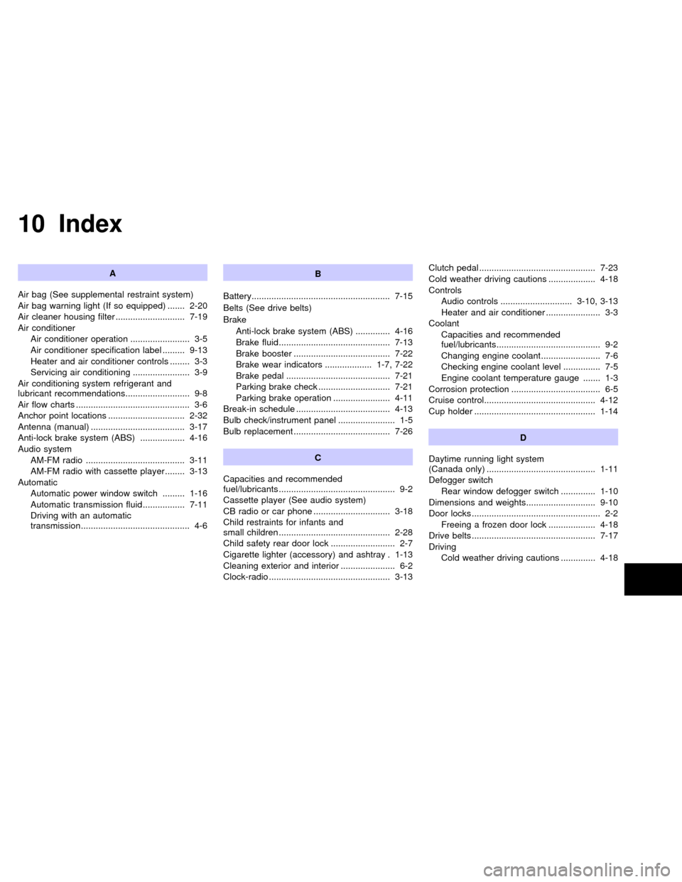 NISSAN SENTRA 1996 B14 / 4.G Manual PDF 10 Index
A
Air bag (See supplemental restraint system)
Air bag warning light (If so equipped) ....... 2-20
Air cleaner housing filter ............................ 7-19
Air conditioner
Air conditioner 