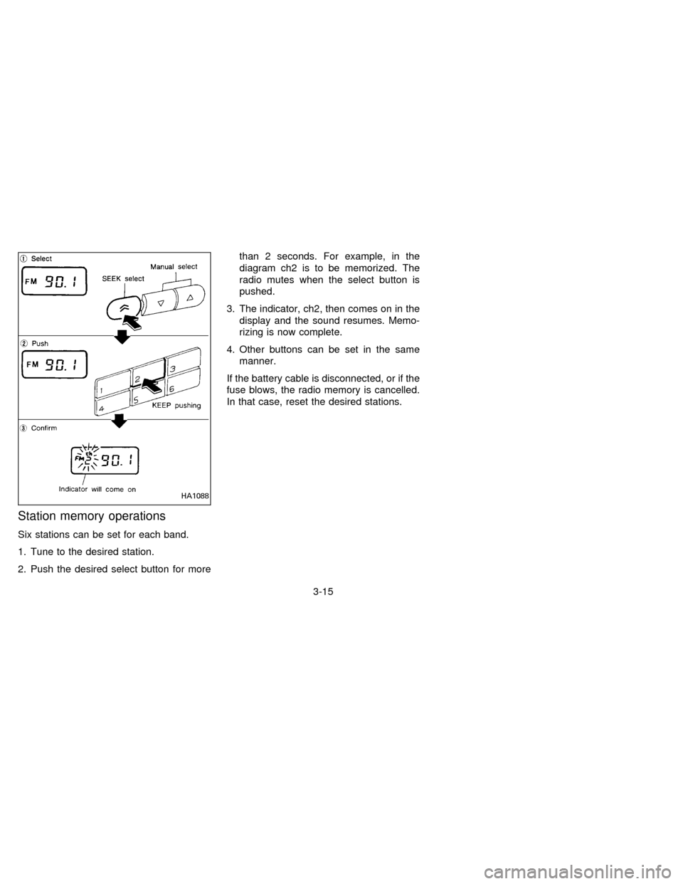 NISSAN SENTRA 1996 B14 / 4.G Owners Manual Station memory operations
Six stations can be set for each band.
1. Tune to the desired station.
2. Push the desired select button for morethan 2 seconds. For example, in the
diagram ch2 is to be memo