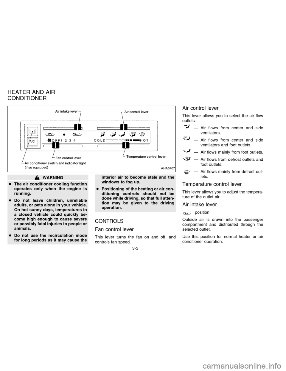 NISSAN FRONTIER 1997 D22 / 1.G Repair Manual WARNING
cThe air conditioner cooling function
operates only when the engine is
running.
cDo not leave children, unreliable
adults, or pets alone in your vehicle.
On hot sunny days, temperatures in
a c NISSAN FRONTIER 1997 D22 / 1.G Repair Manual WARNING
cThe air conditioner cooling function
operates only when the engine is
running.
cDo not leave children, unreliable
adults, or pets alone in your vehicle.
On hot sunny days, temperatures in
a c