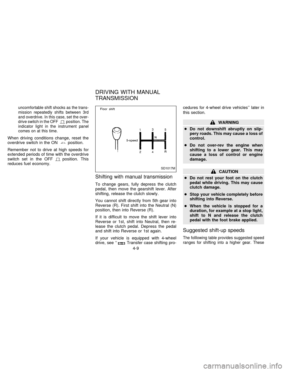 NISSAN FRONTIER 1997 D22 / 1.G Manual Online uncomfortable shift shocks as the trans-
mission repeatedly shifts between 3rd
and overdrive. In this case, set the over-
drive switch in the OFF
position. The
indicator light in the instrument panel
NISSAN FRONTIER 1997 D22 / 1.G Manual Online uncomfortable shift shocks as the trans-
mission repeatedly shifts between 3rd
and overdrive. In this case, set the over-
drive switch in the OFF
position. The
indicator light in the instrument panel