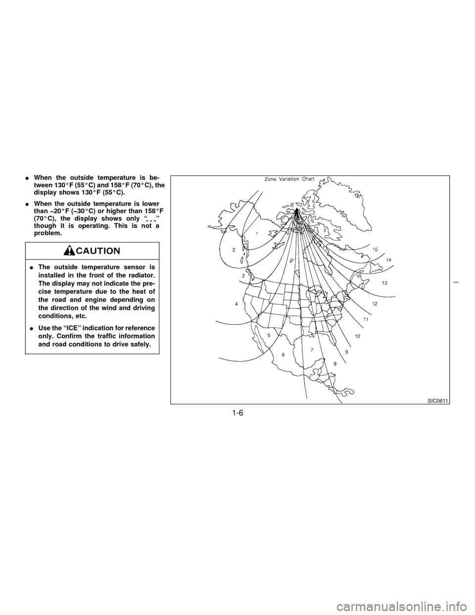 NISSAN PATHFINDER 1997 R50 / 2.G User Guide IWhen the outside temperature is be-
tween 130ÉF (55ÉC) and 158ÉF (70ÉC), the
display shows 130ÉF (55ÉC).
IWhen the outside temperature is lower
than þ20ÉF (þ30ÉC) or higher than 158ÉF
(70�