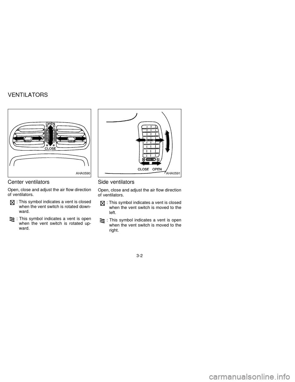 NISSAN QUEST 1997 V40 / 1.G Owners Manual Center ventilators
Open, close and adjust the air flow direction
of ventilators.
: This symbol indicates a vent is closed
when the vent switch is rotated down-
ward.
: This symbol indicates a vent is NISSAN QUEST 1997 V40 / 1.G Owners Manual Center ventilators
Open, close and adjust the air flow direction
of ventilators.
: This symbol indicates a vent is closed
when the vent switch is rotated down-
ward.
: This symbol indicates a vent is