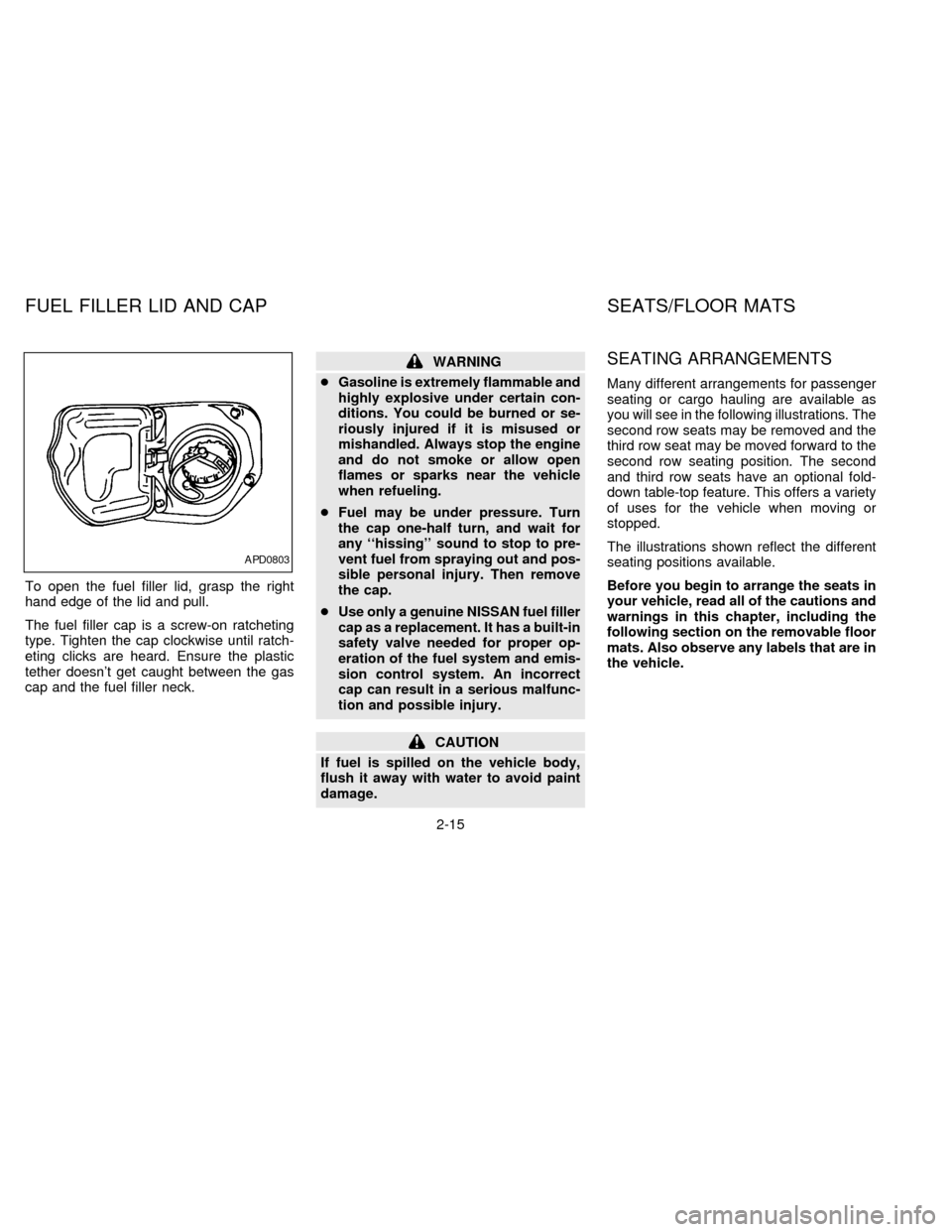 NISSAN QUEST 1997 V40 / 1.G Service Manual To open the fuel filler lid, grasp the right
hand edge of the lid and pull.
The fuel filler cap is a screw-on ratcheting
type. Tighten the cap clockwise until ratch-
eting clicks are heard. Ensure the