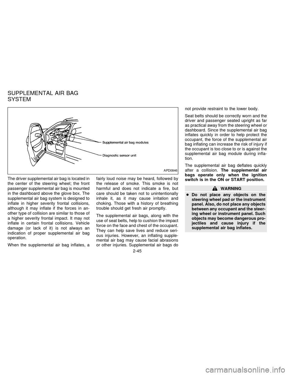 NISSAN QUEST 1997 V40 / 1.G Manual PDF The driver supplemental air bag is located in
the center of the steering wheel; the front
passenger supplemental air bag is mounted
in the dashboard above the glove box. The
supplemental air bag syste