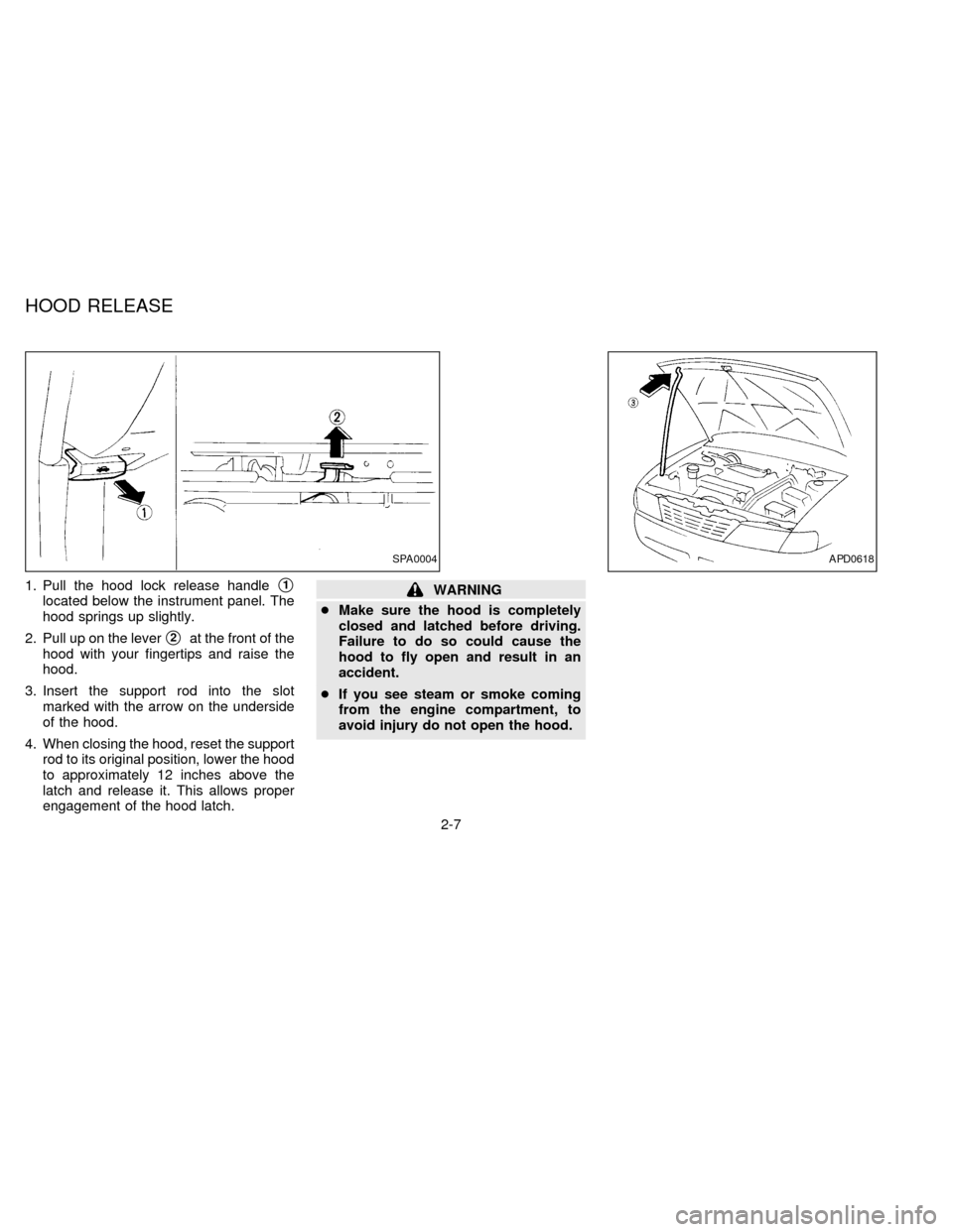 NISSAN SENTRA 1997 B14 / 4.G User Guide 1. Pull the hood lock release handles1
located below the instrument panel. The
hood springs up slightly.
2. Pull up on the lever
s2at the front of the
hood with your fingertips and raise the
hood.
3. 