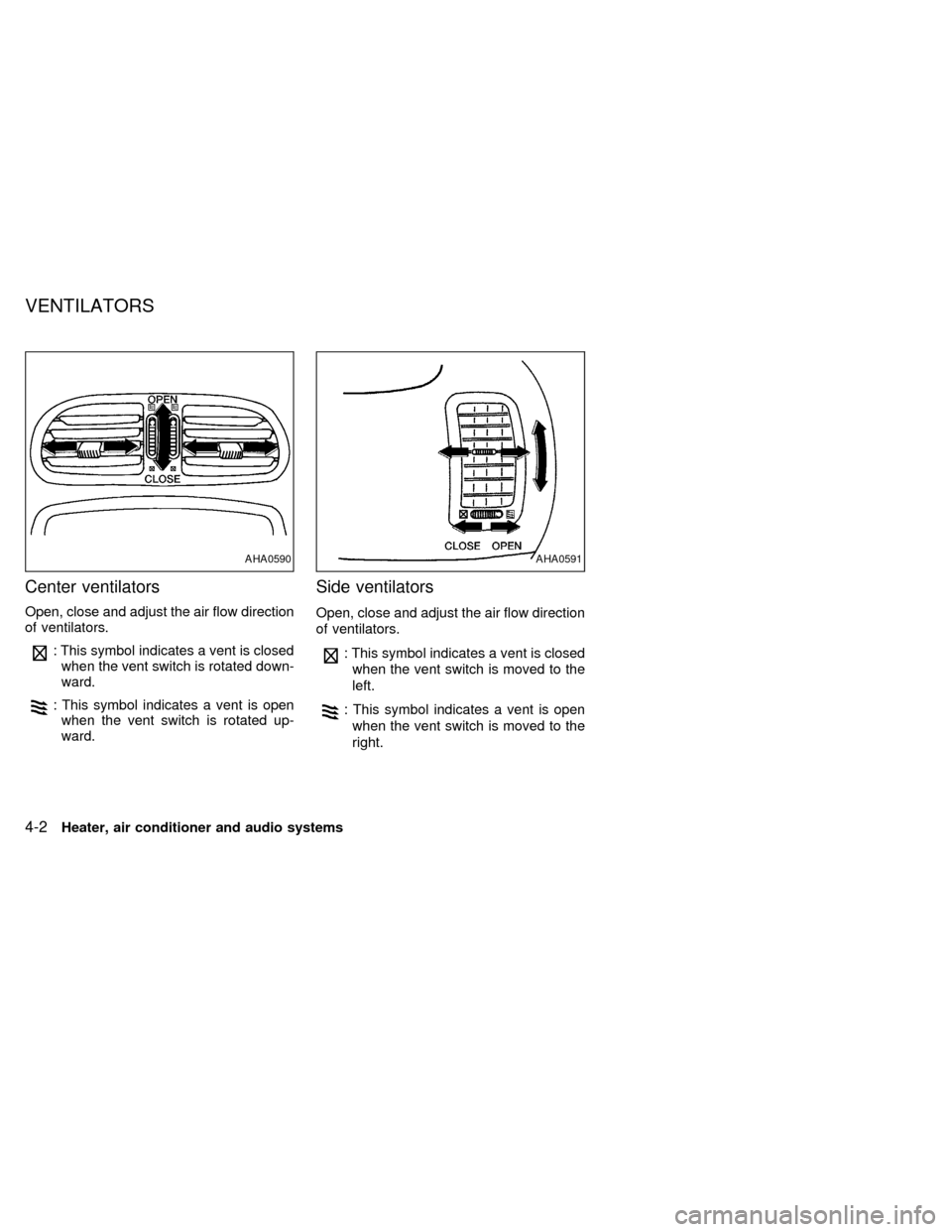 NISSAN QUEST 1998 V40 / 1.G Owners Manual Center ventilators
Open, close and adjust the air flow direction
of ventilators.
: This symbol indicates a vent is closed
when the vent switch is rotated down-
ward.
: This symbol indicates a vent is NISSAN QUEST 1998 V40 / 1.G Owners Manual Center ventilators
Open, close and adjust the air flow direction
of ventilators.
: This symbol indicates a vent is closed
when the vent switch is rotated down-
ward.
: This symbol indicates a vent is