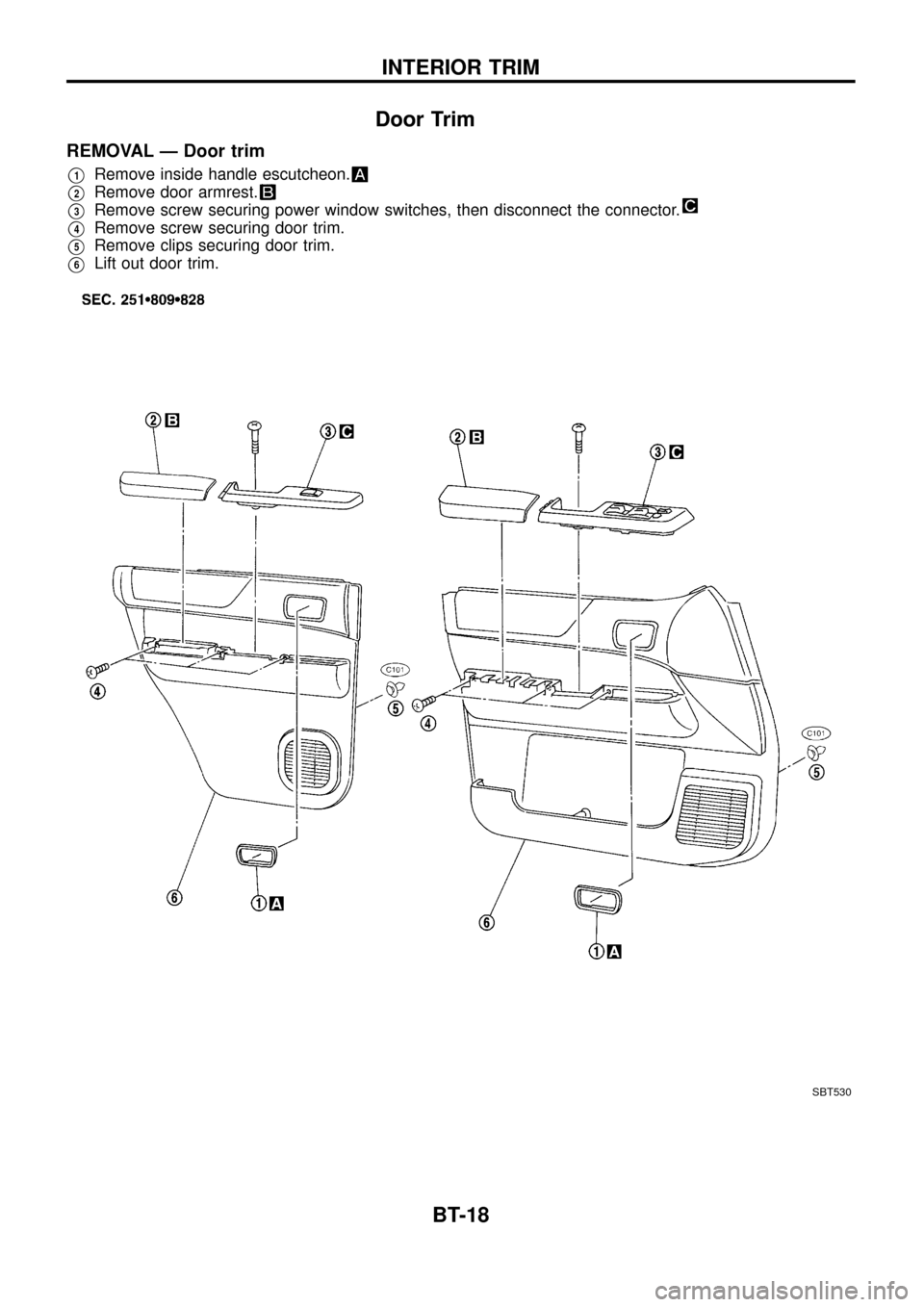 NISSAN PATROL 1998 Y61 / 5.G Body User Guide Door Trim
REMOVAL Ð Door trim
V1Remove inside handle escutcheon.
V2Remove door armrest.
V3Remove screw securing power window switches, then disconnect the connector.
V4Remove screw securing door trim