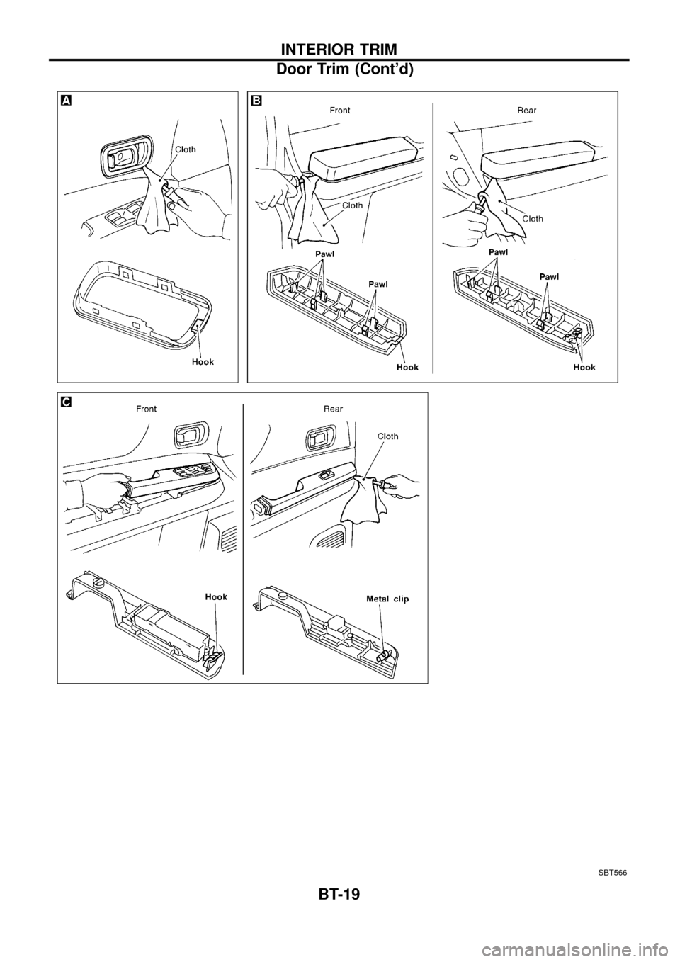 NISSAN PATROL 1998 Y61 / 5.G Body User Guide SBT566
INTERIOR TRIM
Door Trim (Contd)
BT-19 